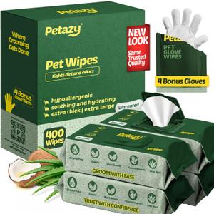 Petazy Dog Wipes for Paws and Butt 400 Count (8x8in) Hypoallergenic, Deodorizing Pet Wipes for Dogs and Cats | Extra Large, Plant-Based, Unscented | Includes 4 Grooming Glove Wipes