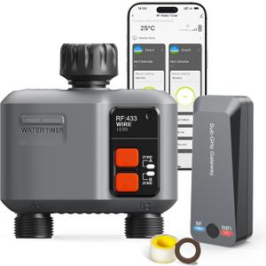 WiFi Sprinkler Timer 2 Zone with 984 Feet RF Gateway, 2 Outlet Smart Water Timer for Garden Hose with Rain Delay/Manual/Automatic,WiFi Water Hose Timers for Garden & Lawns
