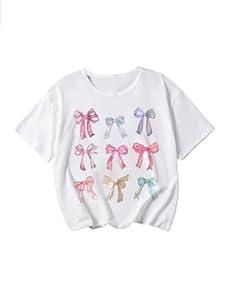 RoseSeek Girl's Bow Graphic Tees Crew Neck Short Sleeve Summer T Shirts Preppy Cute Clothes for Girls White with Bow 10Y