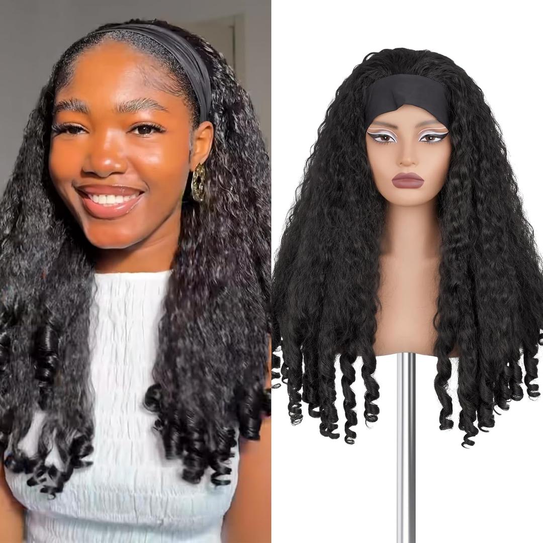 Afro Curly Headband Wig for Black Women, Glueless Kinky Curly Half Wigs 4C Hair Synthetic Wig Braided Hair with Bouncy Curls 180% Density, 24inch, #1B Black
