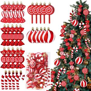 Christmas Candy Cane Lollipop Ornaments for Christmas Tree 30Pcs Xmas Plastic Peppermint Christmas Tree Hanging Ball Pendants for Xmas Party Indoor New Year Holiday Home Decorations (Red)