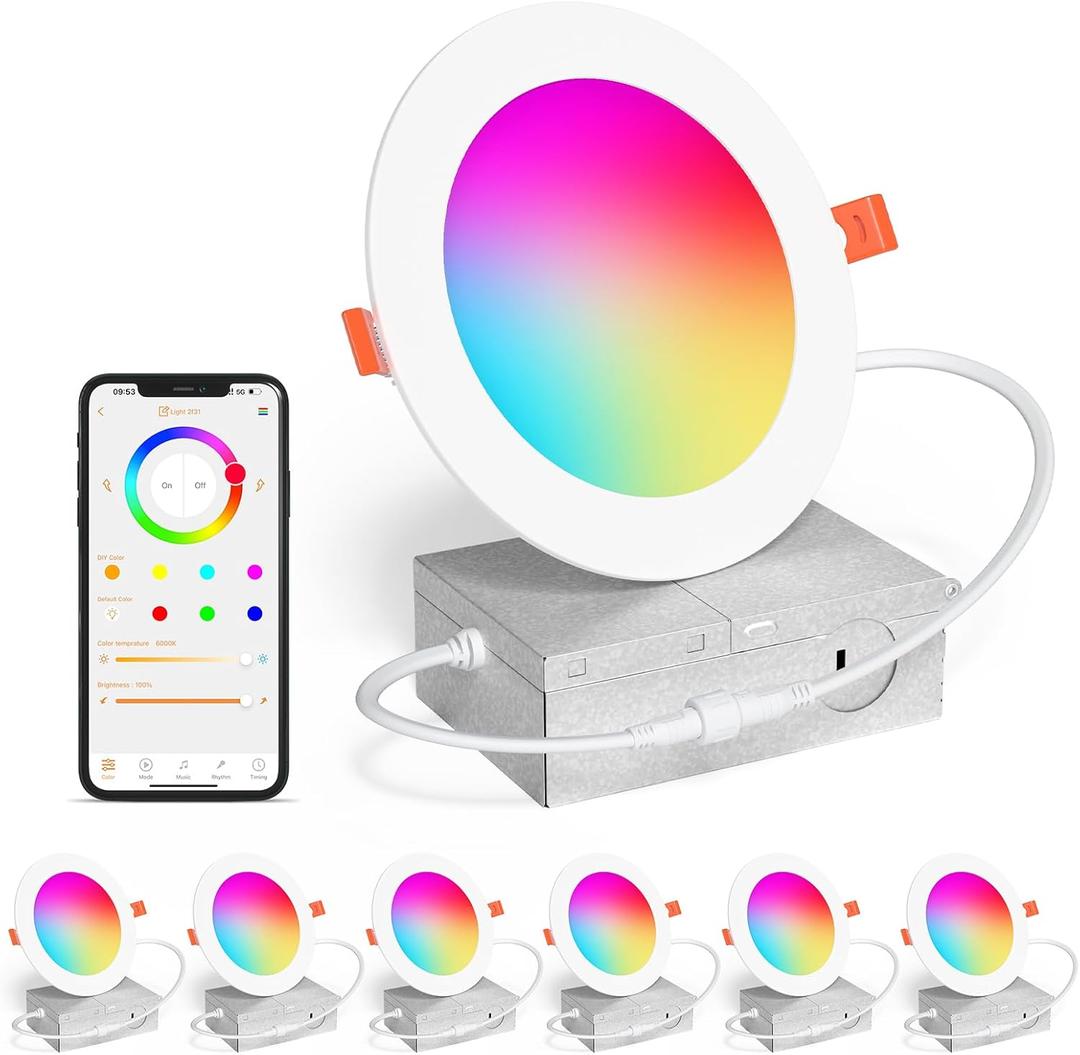 Smart Recessed Lighting 4 Inch RGBCW Color Changing 12W LED Downlight with Junction Box,1000 Lumen Recessed Ceiling Light Compatible with Alexa,Dimmable by Bluetooth Control -6Pack (4IN RGBCW 6 PACK, RGB+CCT Compatible With Alexa)