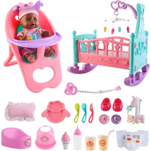 deAO Black Baby Doll Set - Mobile, High Chair, Stroller & Feeding Accessories - 21 Piece Play Set (Doll Included)