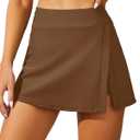 Women Swim Skirt Tummy Control Swimsuit Skirt with Built-in Shorts High Waisted Split Swim Bottom (Brown, L)