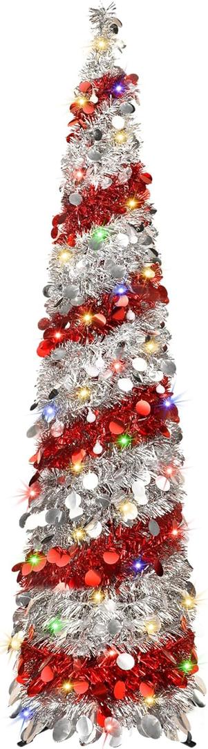 5FT Christmas Trees with 90 Lights, Collapsible Artificial Sequin Pop Up Christmas Tree, Tinsel Slim Pencil Christmas Tree for Home Holiday Fireplace Party Indoor Outdoor Xmas Decorations (Sliver&Red)