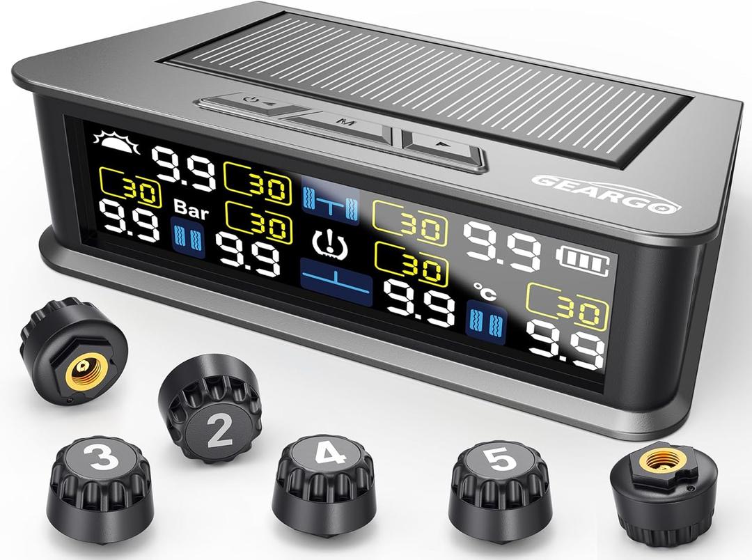 GEARGO RV Tire Pressure Monitoring System (TPMS) - Solar-Powered with 6 Sensors & 6 Alarm Modes, 2025 Updated Color LCD Display, 9.9BAR/144PSI, for RV/Trailer/Truck/Sedan