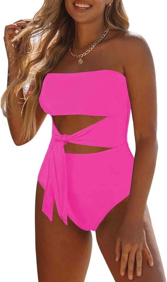 Viottiset Women's Bandeau One Piece Swimsuit Strapless Tie High Cut Out Bathing Suit (Medium, Hot Pink)