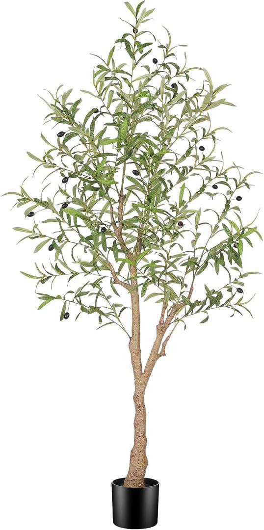 FEELEAD 5FT Artificial Olive Tree, 5 Feet Faux Olive Tree with Realistic Leaves and Natural Trunk, Potted Fake Olive Tree for Home, Living Room, Office Decor