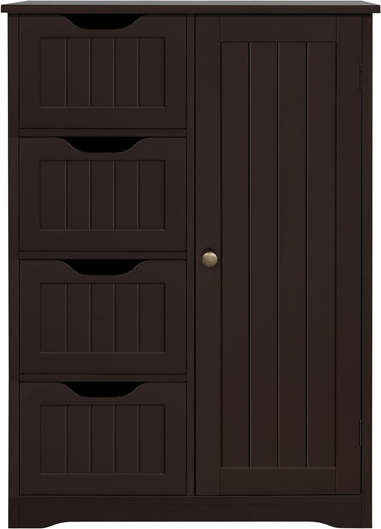 Yaheetech Wooden Bathroom Floor Cabinet, Side Storage Organizer Cabinet with 4 Drawers and 1 Cupboard, Freestanding Entryway Storage Unit Console Table, Home Decor Furniture, Brown (22 x 12 x 32.5 In (LxWxH), Espresso)