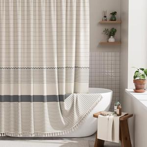 AmazerBath Boho Shower Curtain Set, Grey Shower Curtain with Tassels, Rustic Faux Linen Gray Striped Modern Farmhouse Shower Curtain with Hooks, Light Tan Toned, 72x72 Inches
