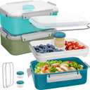 3 Pack Salad Lunch Box Food Storage Containers, 47oz Bento Box To Go Container with Lids, Meal Prep Containers with Removable Tray & Dressing Pots for Kids and Adults, Reusable and Microwave Safe (Navy & Dark Green & Light Blue)