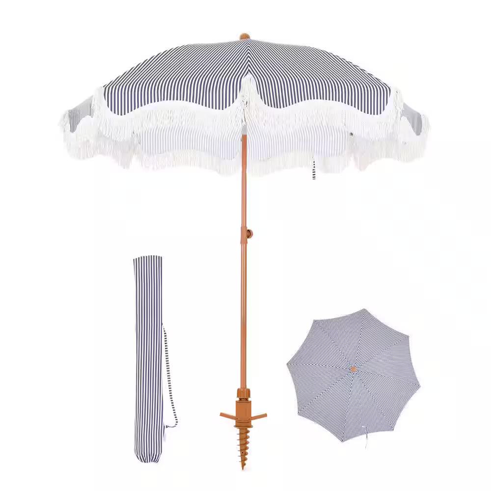 7 ft. Metal Beach Umbrella in Navy Strips with Tassel Design and Cover