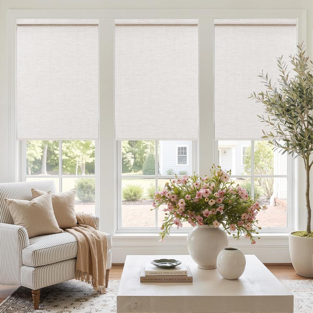 Beige White Cordless Roller Shades Light Filtering Blinds 22" W x 72" H