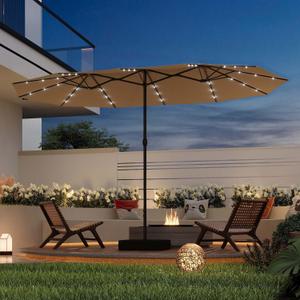 15FT Large Outdoor Patio Umbrella, Rectangular Market Table Sun Parasol Umbrella with Base, Crank, Steel Ribs and Pole for Garden, Backyard,Sand, Pool (Solar Lights, Light Brown)