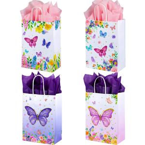 ASOEMERZ 24 Pack Butterfly Gift Bags with Tissue Paper Bags with Handles, 8.7'' Small Gift Bag Party Bags for Kids Birthday, Mothers Day, Bridal Showers, Baby Showers (Butterfly Flowers)