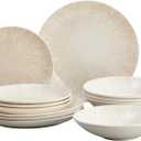 Corona 12-Piece Light Sandy Beige Ceramic Dinnerware Sets, Plates and Bowls, Service For 4, Nyssa