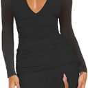 Mizoci Women's Sexy Long Sleeve Deep V Neck Mini Dress Ruched Ruffle Slit Bodycon Party Short Dresses, L