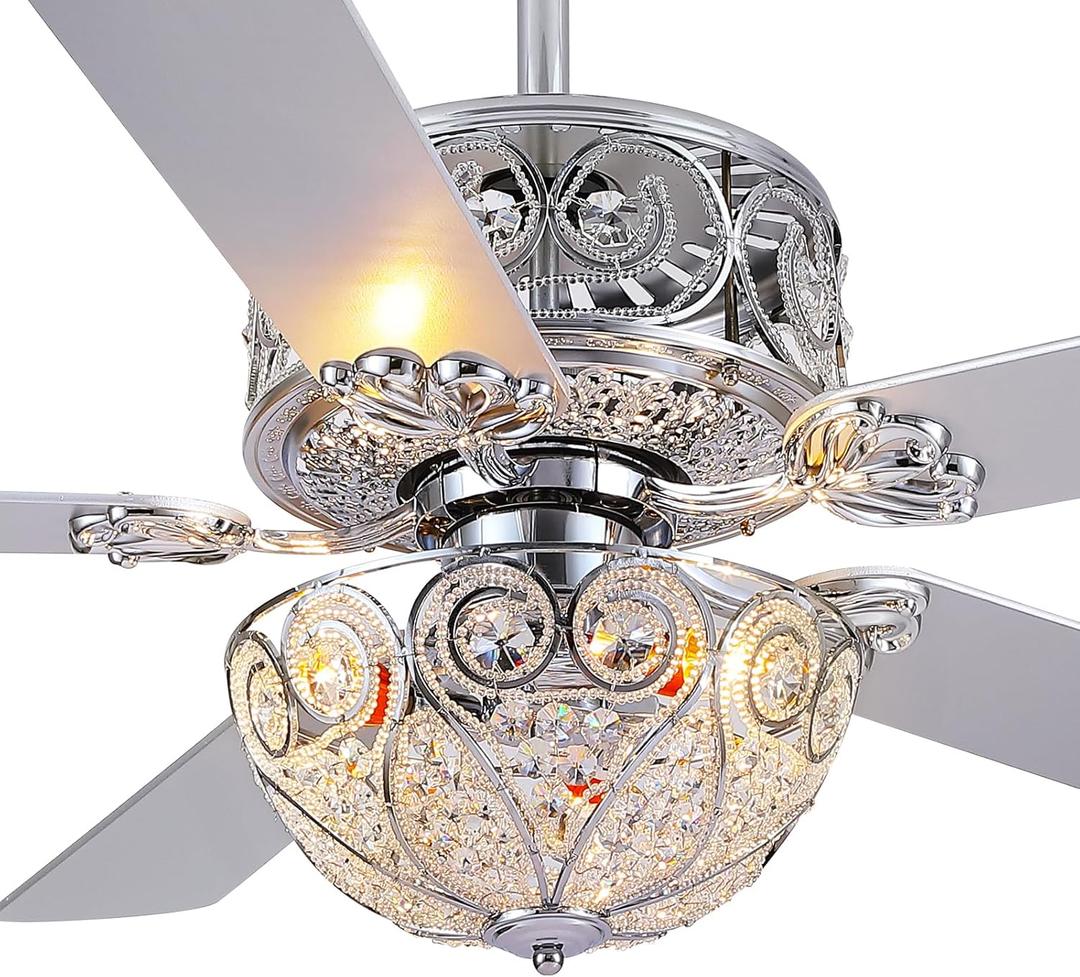 Crystal Ceiling Fan Fandelier with Lights - Outdoor Fans with Remote Control,Noiseless AC Motor, Chrome Modern/Retro/Farmhouse Lighting, Dining RoomLiving Room (52")
