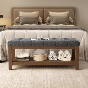 ABHENG Solid Rubber Wood Shoe Bench, Soft Chenille Material Upholstered Seat, 770LB Load Capacity, Multi-Storage for Entryway/Bedroom/Living Room, Vintage Style, 43.3"x15.7"x17.7", Dark Gray,UASND65G