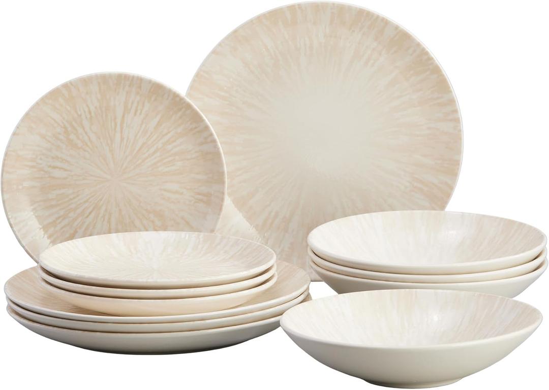 Corona 12-Piece Light Sandy Beige Ceramic Dinnerware Sets, Plates and Bowls, Service For 4, Nyssa