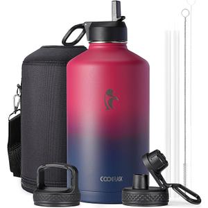 Coolflask 128 oz Gallon Water Bottle Insulated with Straw&3 Lids, Water Jug Large Stainless Steel Metal Vacuum Wide Mouth for Sports, Gym or Office, Non-BPA Keep Cold 48H Hot 24H, Ombre Wine/Navy