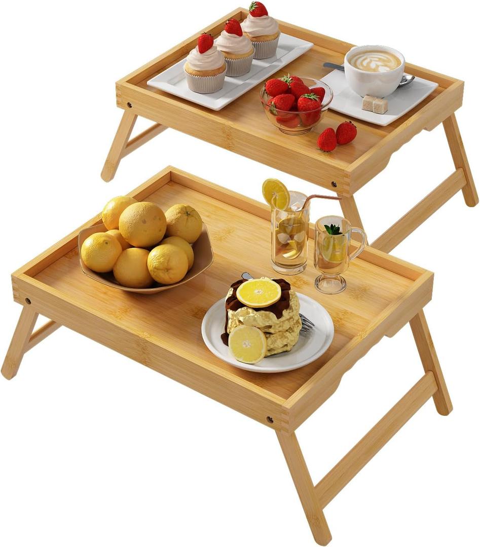 Youpehom Bed Tray Table with Folding Legs,Bamboo Breakfast in Bed for Kitchen Serving Tray,Sofa,Eating,Used As Laptop Desk Snack Tray 2 Pack (Bamboo)