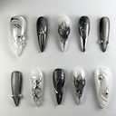 Medium Press on Nails Almond Fake Nails with Designs French Tip Stick on Nails Black Heart False Nails Silver Star Acrylic Nails Full Cover Gem Glue on Nails for Women DIY Manicure Decorations 24pcs