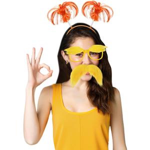 JenPen Yellow Mustache and Eyebrows Glasses Halloween Costume Accessories Fake Beard Orange Feather Pom Headband for Adult