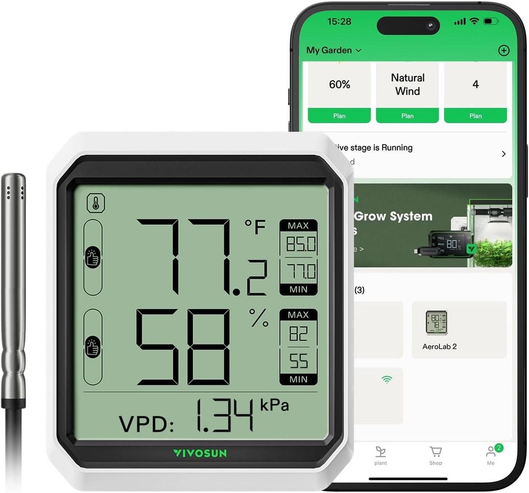 VIVOSUN AeroLab THB1S Wireless Bluetooth Hygrometer Thermometer Indoor, VPD, Digital Temp Humidity Meter, LCD Smart App Control & Alert, Data Storage, Dual Channels with Sensor Probe, Battery Included
