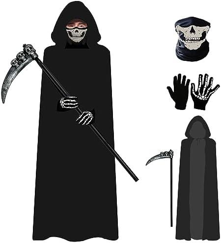 Grim Reaper Costume Set for Adult,Unisex Halloween Hooded Cape Cosplay Fancy Dress Cloak with & Scythe & Mask & Glove