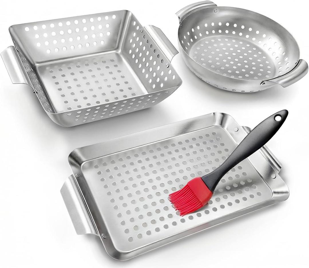 3 Piece Stainless Steel Grill Basket Set with Basting Brush, Heavy Duty Small Vegetable Grill Basket for Outdoor Grill - Perforated Compact BBQ Grill Pan & Wok Accessories for Gas, Charcoal, Veggies