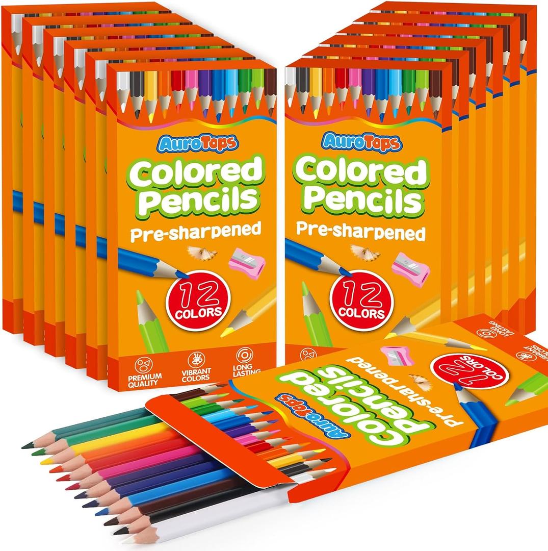 AuroTops 12 Pack Colored Pencils, 144 Count Pre-Sharpened Colored Pencils Bulk, 12 Vibrant Colors Color Pencil for Classroom Prizes, Back to School Supplies, Art Supplies for Adults & Kids