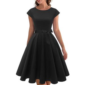 PUKAVT Women's 1950 Boatneck Cap Sleeve Vintage Swing Cocktail Party Dress with Pockets (Medium, Black)