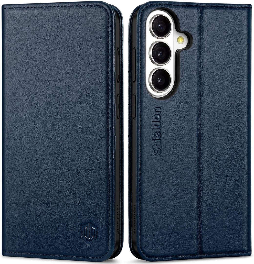 SHIELDON Case Wallet for Galaxy S26 6.3", Genuine Leather, RFID Blocking Credit Card Holder, Flip Magnetic Closure, Kickstand, Shock Absorbing Cover Compatible with Galaxy S26 5G 2026 - Navy Blue
