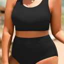 Aqua Eve Plus Size Two Piece High Waisted Bikini Swimsuits Scoop Neck Bikini Set Sporty Bathing Suits (Black, XL)