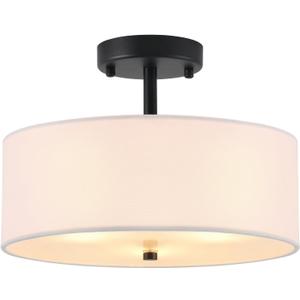 12.6" Semi Flush Mount Ceiling Light Fixture, 3-Light Black Drum Flush Mount Light Fixtures with White Fabric Shade, Modern Close to Ceiling Lights for Living Room Bedroom Hallway Entryway Foyer