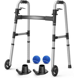 Folding Walker with 2 Precut Tennis Balls, 5" Wheels Lightweight Walkers for Seniors and Adults, Supports Up to 350 Pounds, Adjustable Height, Compact Standard Walker, Black Walker With Balls