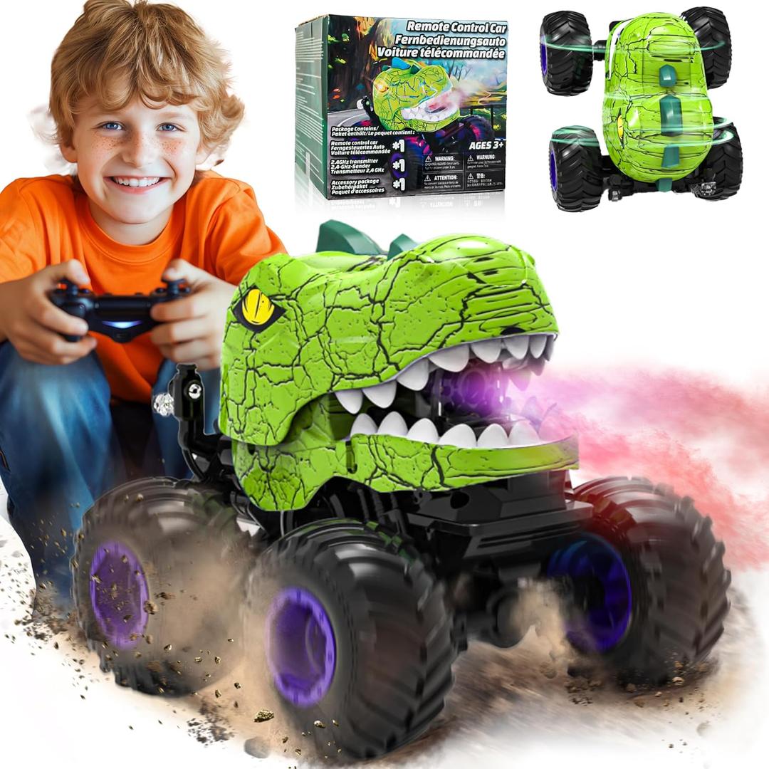 BEZGAR Monster Truck Toys - Remote Control Monster Truck with Spray, Light, Music, Dinosaur Toys for Kids, 1:20 Scale RC Truck with 360 Spins and Drifting, Remote Control Car for Boys 4-7 Green