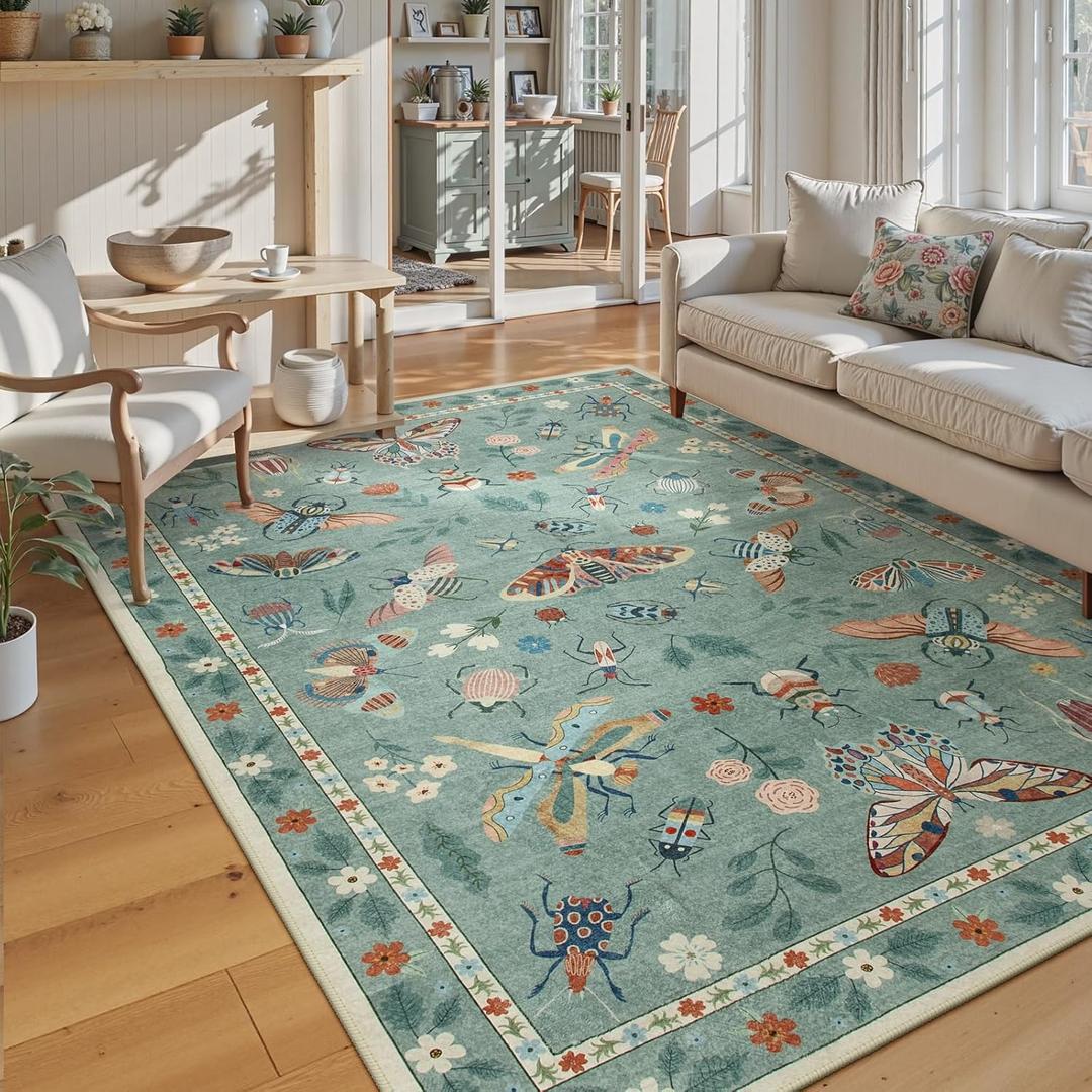 Lahome Insect Washable Area Rugs 5x7, Soft Green Rug for Living Room Bedroom Ultra-Thin Non-Shedding, Modern Stain Resistant Throw Large Carpet for Dining Room Nursery Vionnet(5'x7',Green)