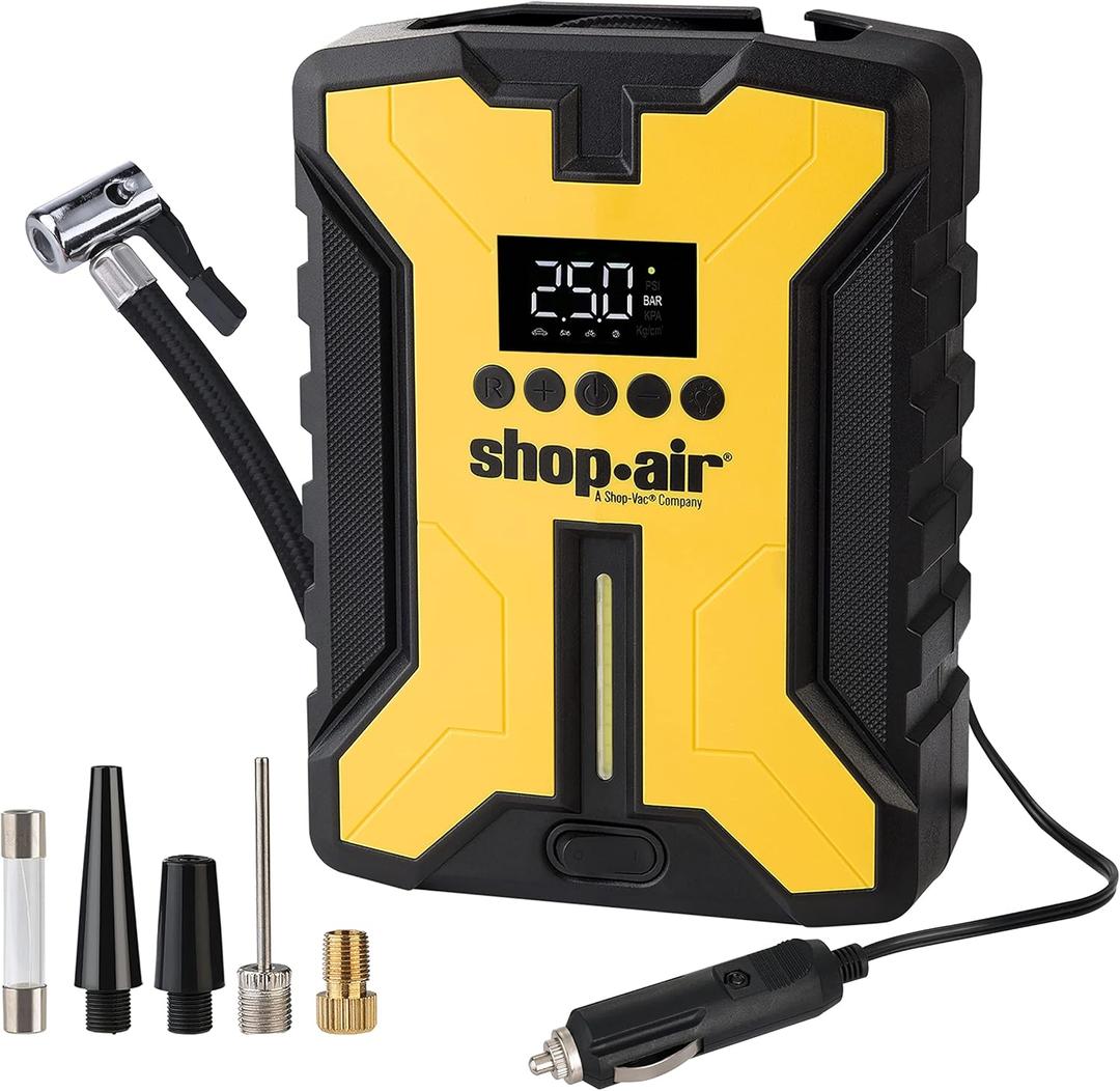 Portable Air Compressor 150 PSI, Bike Pump, 12V DC Electric Air Pump for Car Tires and Bicycles, Emergency LED Light, Auto Pump/Shut Off, Various Nozzle Adaptors Included