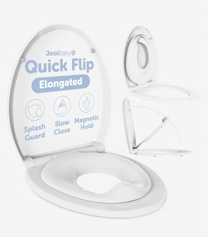 Jool Baby Quick Flip Toilet Seat with Built-in Potty & Splash Guard for Toddler Training, Slow Close (Elongated)