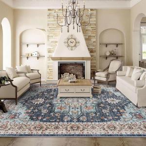 Washable Oriental Area Rug - 9x12 Rugs for Living Room Soft Carpet for Bedroom Waterproof Floral Distressed Indoor Stain Resistant Non-Shedding Floor Carpets (Blue/Teal/Orange, 9x12)
