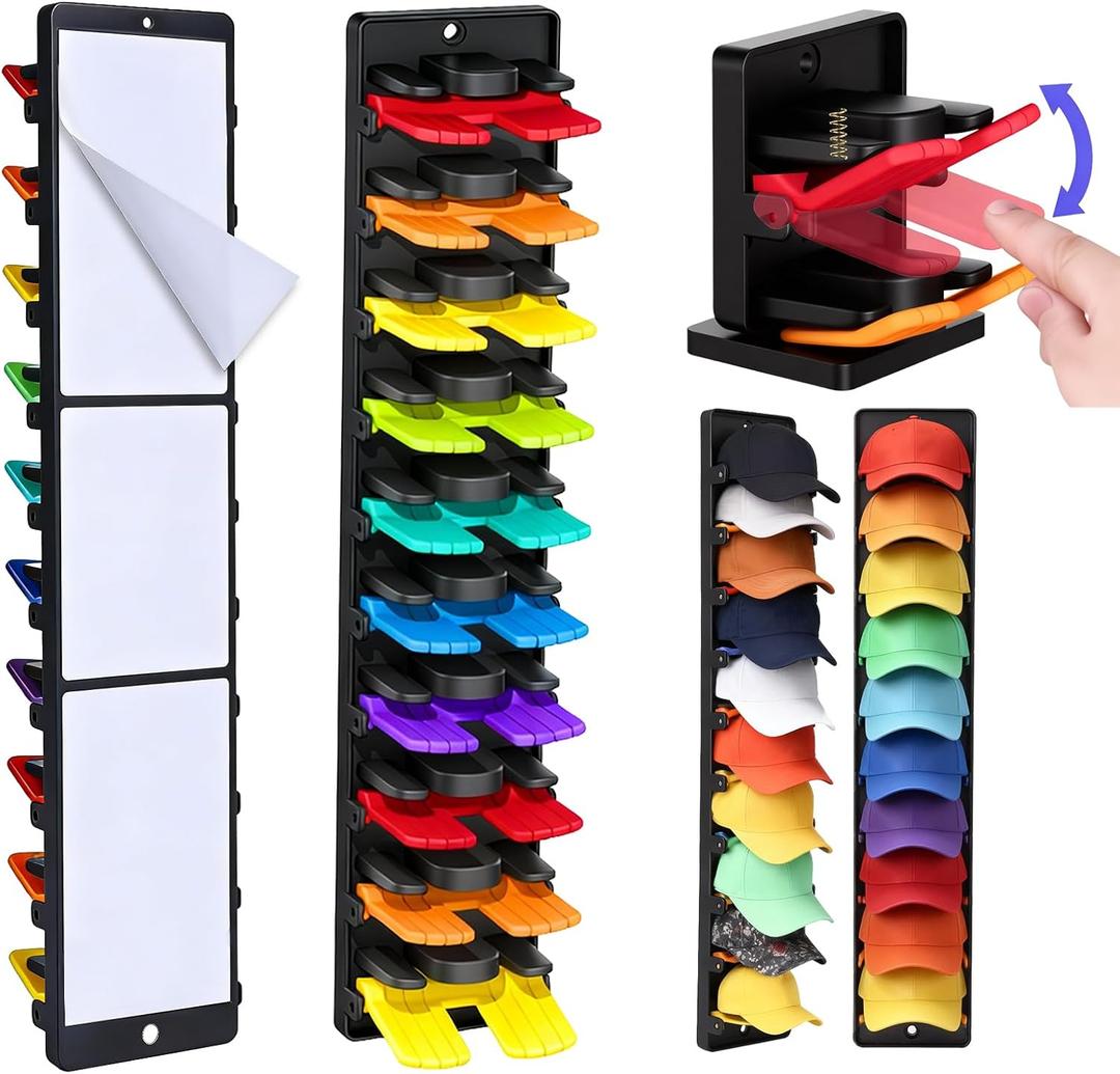 2-Pack Hat Rack for Wall, No-Drill Adhesive Baseball Cap Organizer with 20 Spring-Loaded Clips, Damage-Free Hat Holder for Closet Door Entryway, Screw Option Included, Space-Saving Hat Display Stand