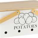 Potato Storage for Pantry, Metal Potato Storage Box with Bamboo Lid and Handle, Potato Bin Onion Storage with Aerating Holes, Kitchen Counter Organizer Container for Potato Onion Garlic-White