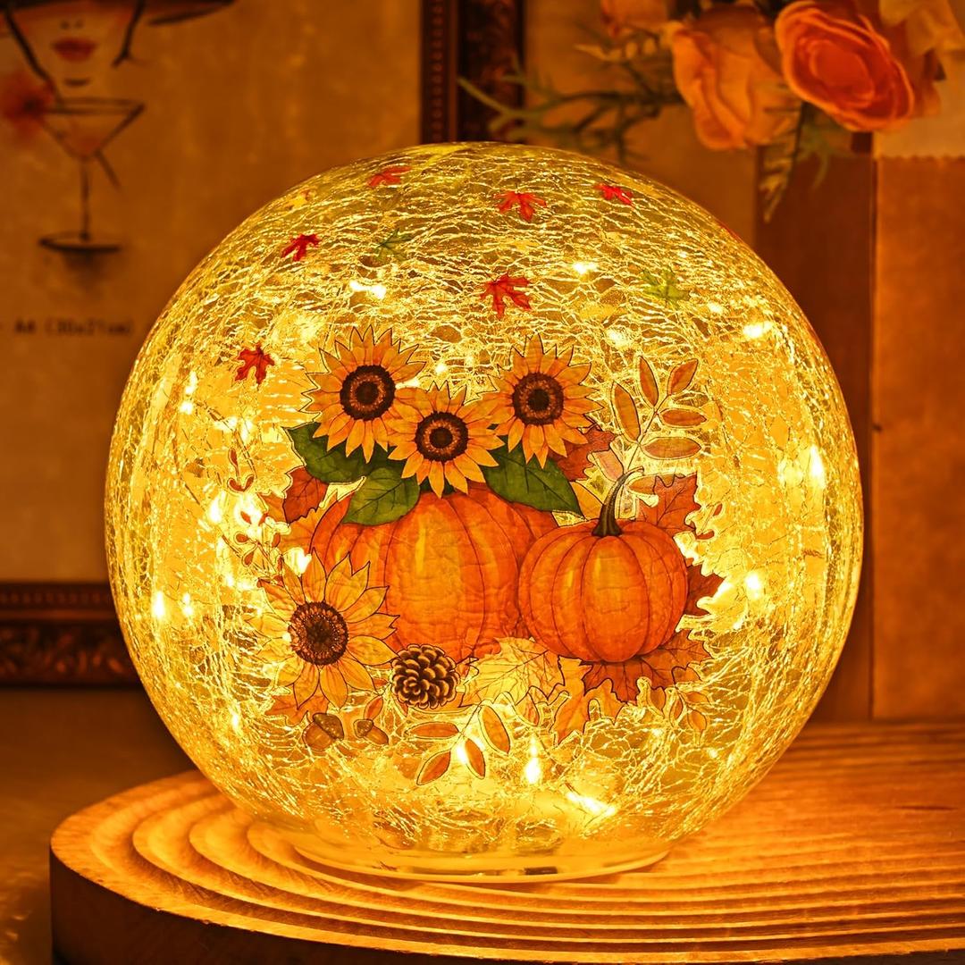 FRAMICS 5.9" Fall Decorations for Home Sunflower Pumpkin Crackle Glass Balls Led Globe Light with Timer Thanksgiving Decorations Lighted Fall Decor Thanksgiving Centerpieces for Tables Gift
