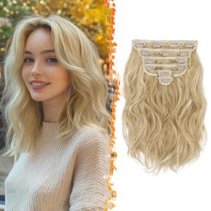 BARSDAR Blonde Clip in Hair Extensions - 12 Inch Short Wavy Clip in Hair Extensions for Women - 6PCs Thick Soft Synthetic Clip in Hairpieces Daily Party Halloween - Light Ash Blonde Mix