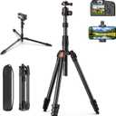 XXZU 71" Camera Tripod, Tripod for Camera Phone with 360Ball Head and Smartphone Holder, Aluminum DSLR Tripod Stand, Travel for Phone/DSLR/SLR/Projector/Video Recording, Max Load 8kg/17.64lb (Black-orange)