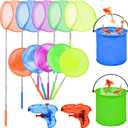 14Pack Kids Telescopic Butterfly Nets Foldable Buckets and Kids Water Gun Set Colorful Fishing Bugs Nets Outdoor Tools for Kids Catching Insect Net Extendable Anti Slip Grip Fishing Nets (Blue)