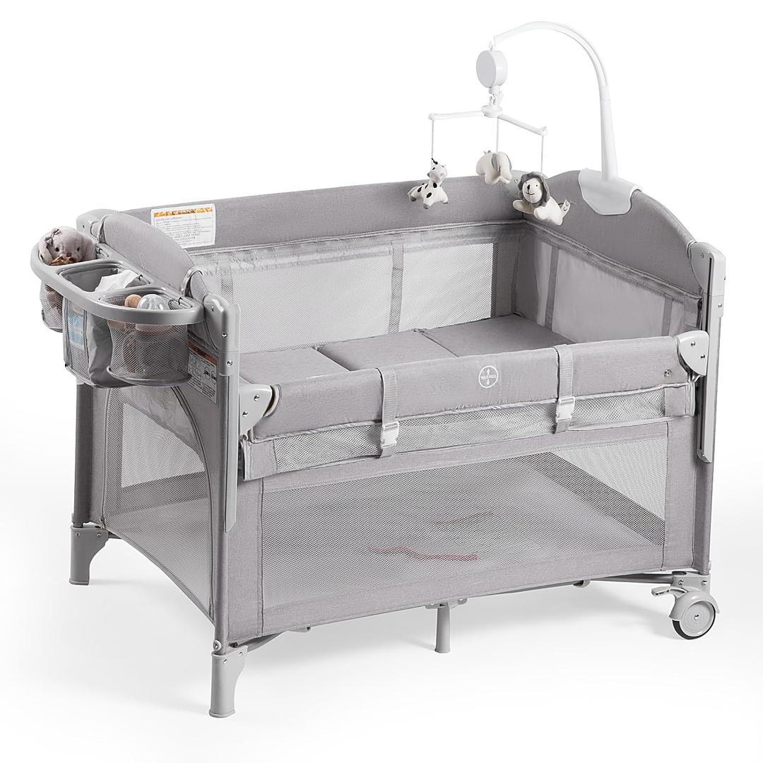 Rinnebbit Baby Bassinets Bedside Sleeper, 4 in 1 Portable Bedside Crib w/Mattress, Diaper Changer, Storage Basket, Music Box, Carry Bag, Foldable Playard Sleeper for Newborn (Light Gray)