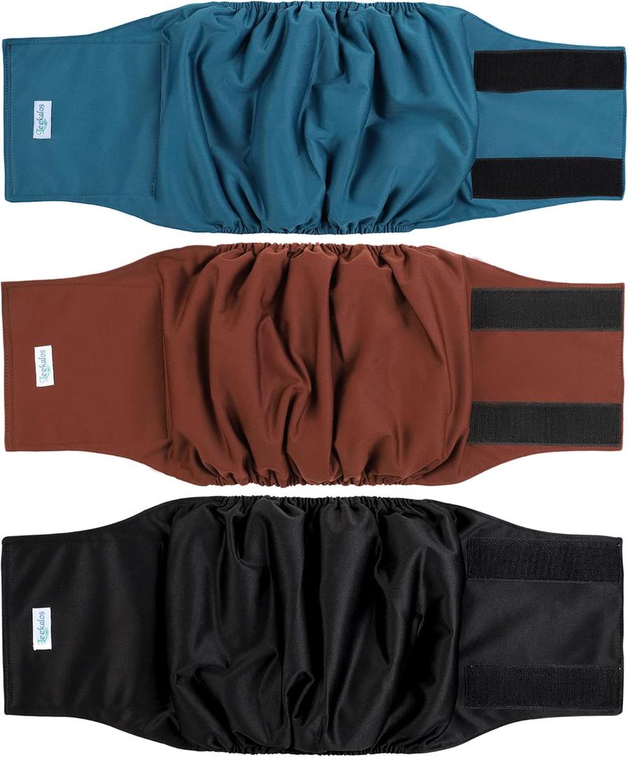 Leekalos Male Dog Diapers (3 Pack), High Absorbing Dog Belly Bands for Male Dogs, Washable Reusable Dog Male Wraps (Black, Blue, Coffee, Large)
